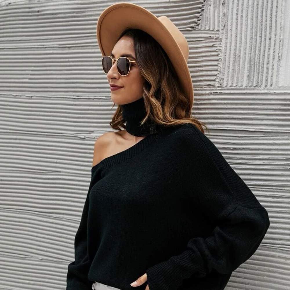 High Neck Cut Out Drop Shoulder Sweater